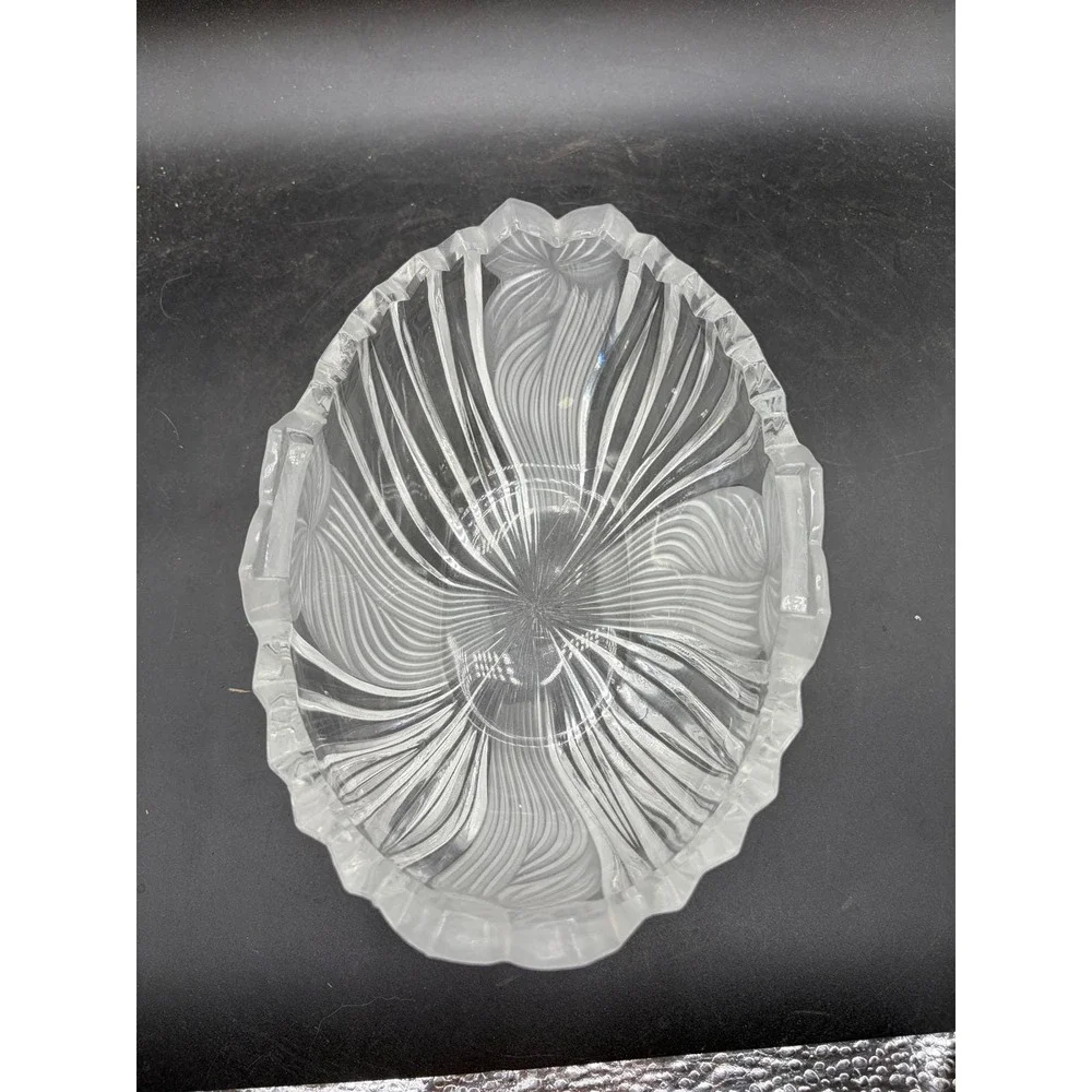 Vintage Frosted and Clear Crystal Glass‎ Basket Ribbed Scalloped Bowl As-Is